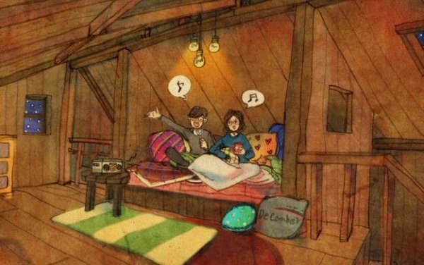 Par sidder i seng og synger