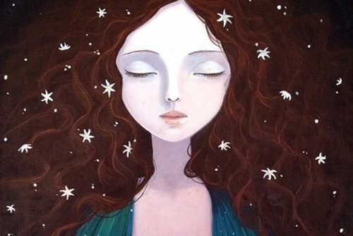 Kvinde med lukkede øjne og stjerner i håret ønsker at stoppe kognitive forvrængninger