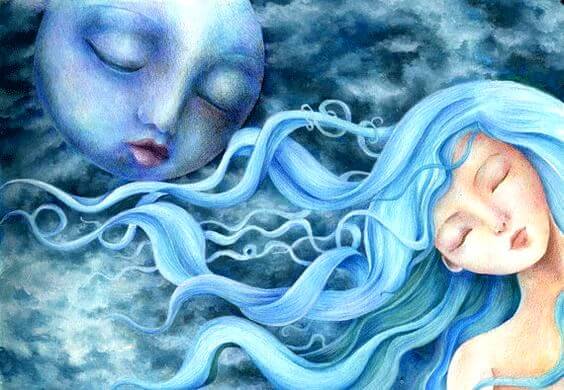 Kvinde med blåt hår foran måne