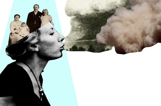 Kvinde med familie i hoved puster røg og symboliserer en beordrende person