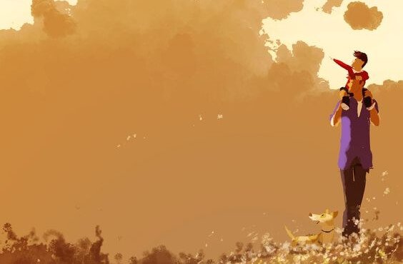 Far går med søn på skuldre