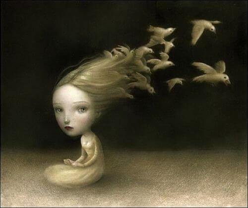 Fugle flyver fra piges hår