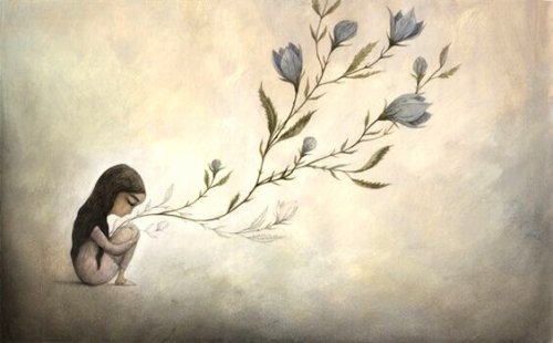 Grene med blomster vokser ud af kvinde