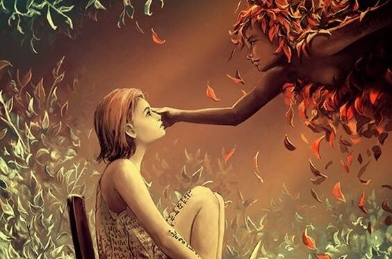 Kvinde på stol røres af sjæl som del af at acceptere hjælp