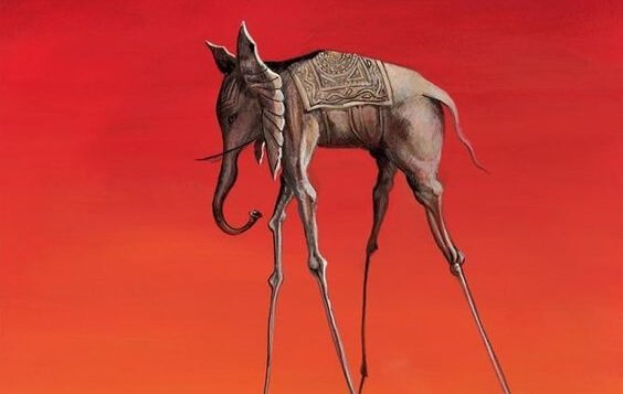 Elefant med lange ben foran rød baggrund
