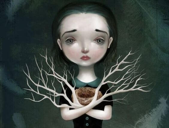 Trist pige med hænder som grene er plaget af afpresning