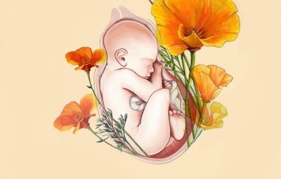 Baby båret af blomster viser det smukke ved at få børn