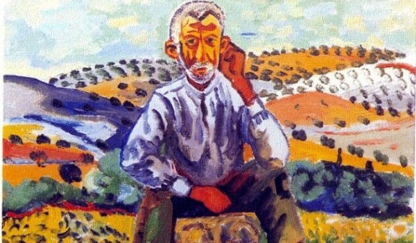 Maleri af mand, der sidder på bakker