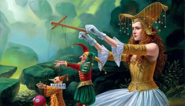 Kvinde i middelaldertøj leger med dukker