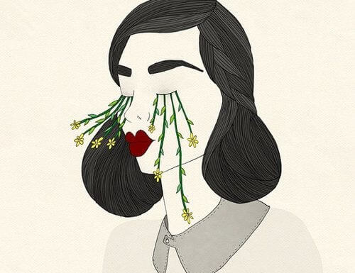 Kvinde med blomster ud af øjne udfører hykleri