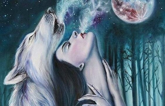 Kvinde foran måne løber med ulve