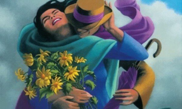 Mand giver kvinde blomster som tegn på smuk kærlighed