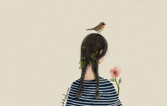 Pige med fugl på hoved