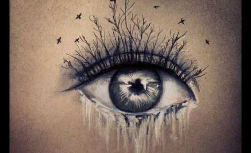 Øje med tårer som vandfald og træer som øjenvipper