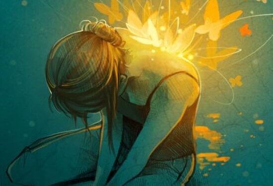 Kvinde med sommerfugle som lysende vinger