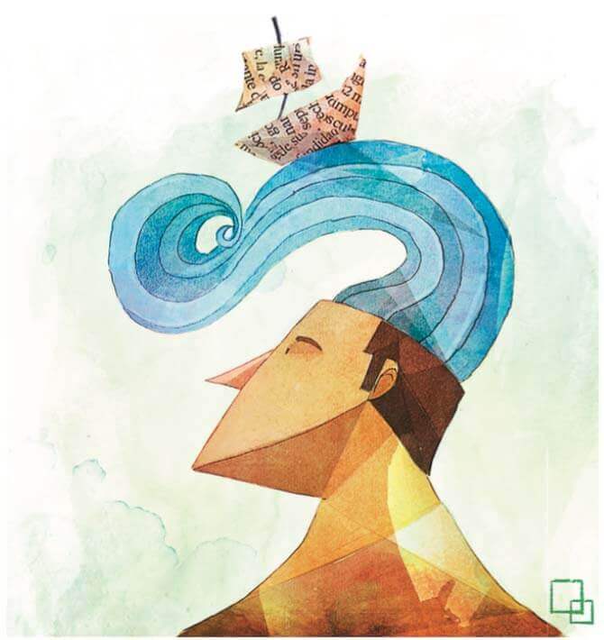 Mand med bølge som hår med skib ovenpå