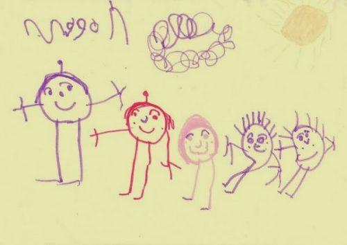 Et barn har tegnet sin familie