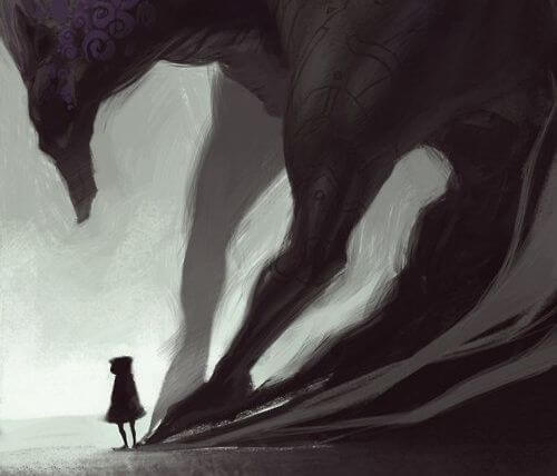 Person med depression illustreret som stor skygge