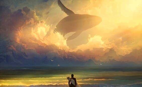 hval i himlen foran surfer på strand