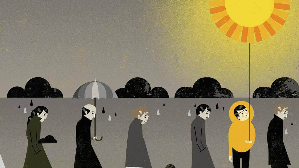 Personer går i regnvejr, mens en optimistisk person går i solvejr