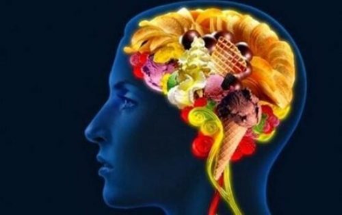 Hjerne med billede af mad for at demonstrere forbindelsen mellem følelser og mad
