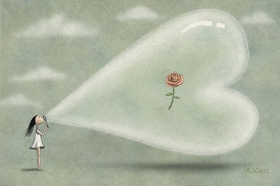 Pige blæser hjerte op med rose i