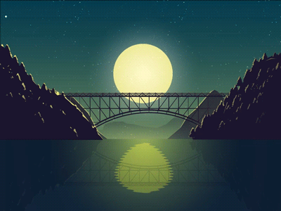Tog kører over bro foran måne