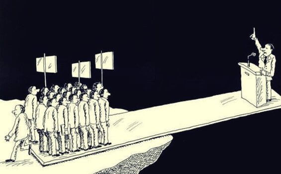 leder på planke med følgere, der holder ham oppe