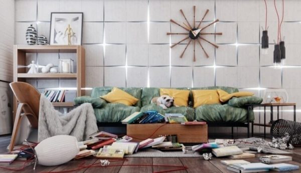 rodet stue og uorden