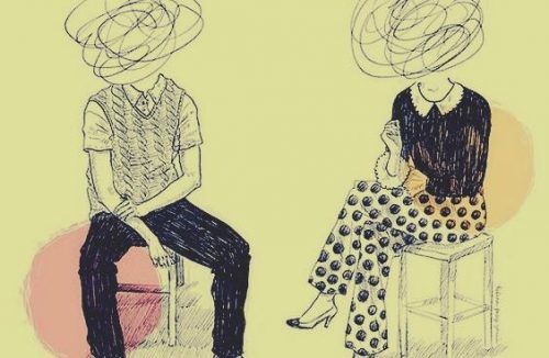 Skitset tegning af et par der sidder overfor hinanden og snakker om deres almindelige fejl