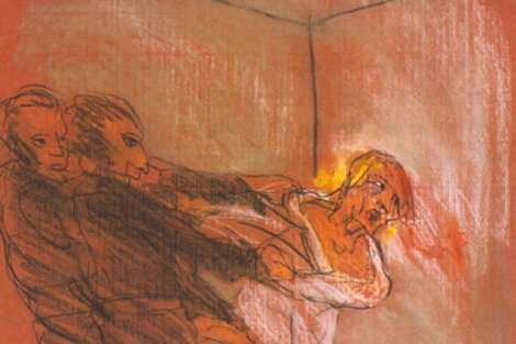 Tegning af person, der oplever delirium, i form af mørke mennesker, der vil fange ham