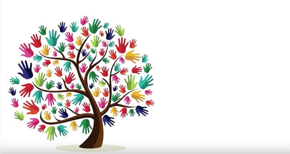 En masse farverige hænder som blade på et træ