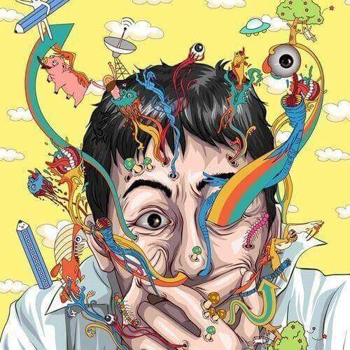 Tegning af mand med illustrationer oplever paranoid skizofreni