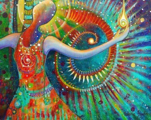 Maleri af farverig person