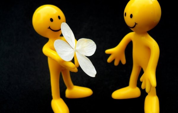 En dukke giver en blomst til en anden dukke