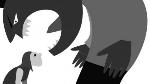 Tegnet monster med lille kvinde