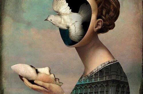 Surrealistisk billede af kvinde med en fugl som ansigt