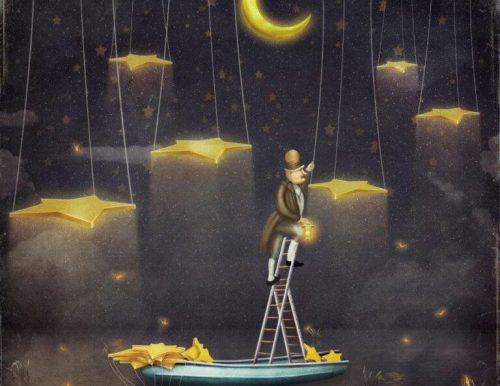 Mand klatrer mod stjernerne