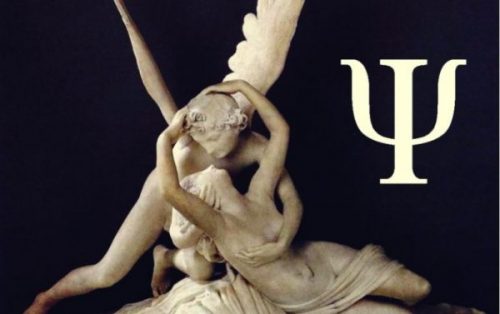 Symbolet for psykologi ved siden af statue