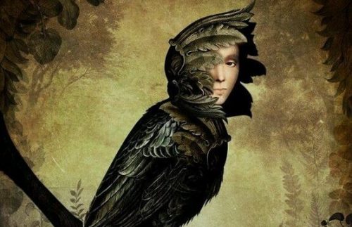 Krage med halvt en kvindes ansigt symboliserer falsk generøsitet