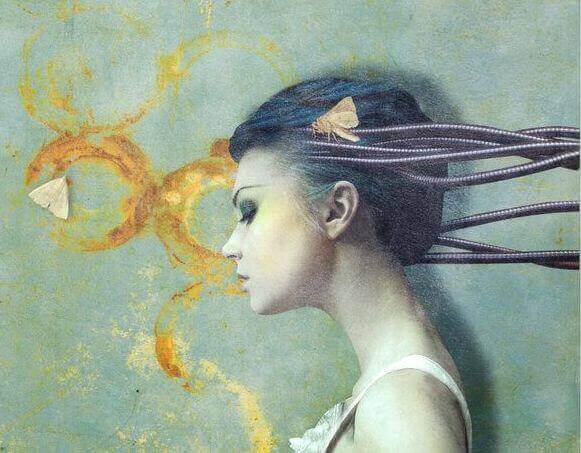 Kvinde med tanker, som kabler ud af hovedet