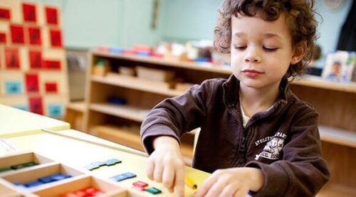 Dreng, der leger under Montessori metodens indflydelse på en skole