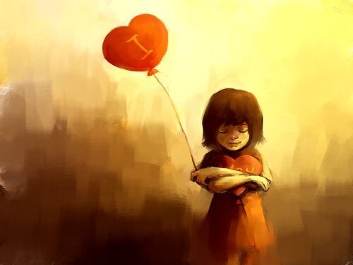 En pige holder et hjerte og har en hjerteballon
