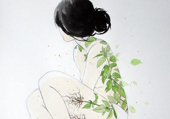 Tegning af kvinde med blade på ryg