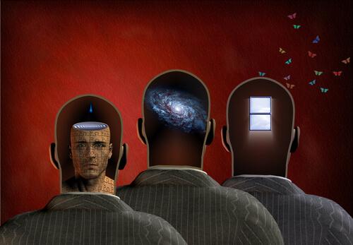 Tre mænd med henholdsvis hoved, planet og vindue som hjerne