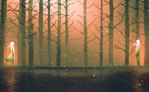 romantisk billede af par i en skov