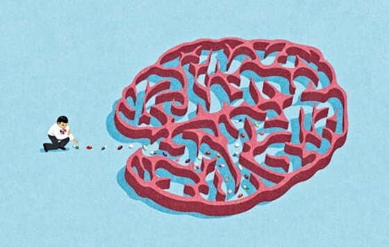 Person følger piller ind i labyrint formet som hjerne