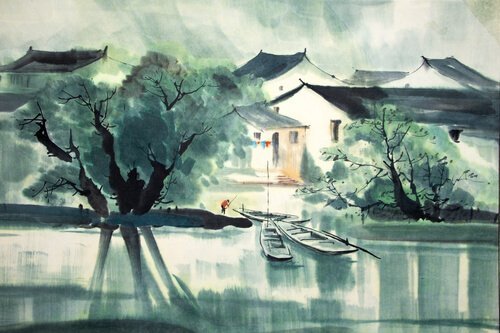 Maleri illustrerer historien om zen omkring en flod