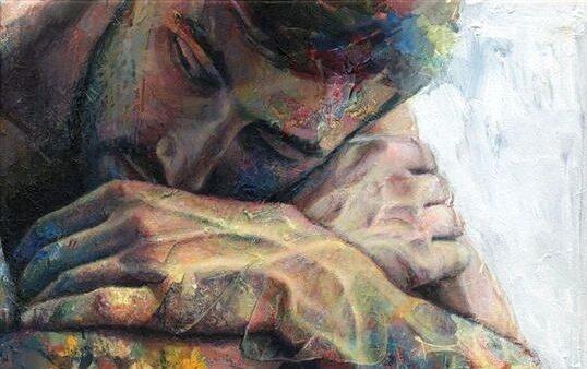 Maleri af mand, der hviler hoved på knæ