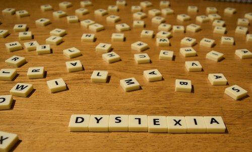 Firkanter med bogstaver danner ordet "dyslexia", som betyder ordblindhed